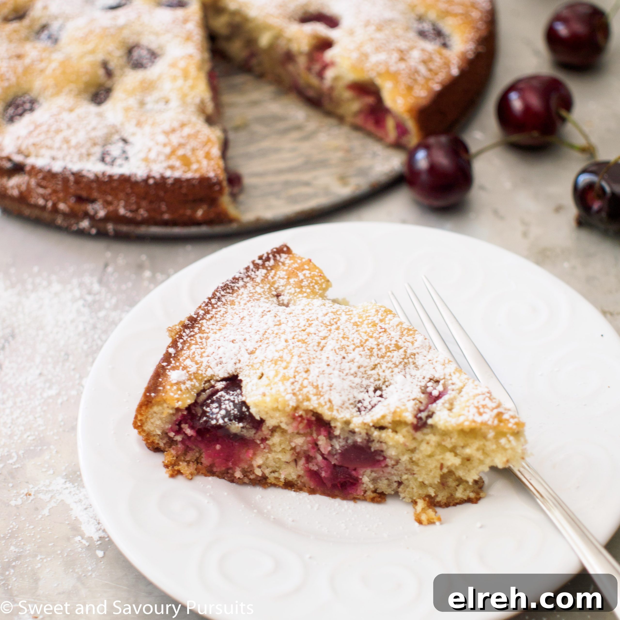 Irresistible Cherry Almond Cake with Fragrant Glaze 3 Slice of Cherry Almond Cake on white plate.
