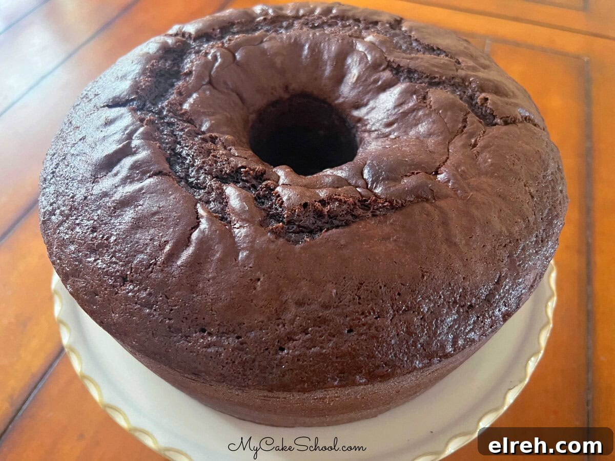 Chocolate Brownie Bundt Cake Recipe 4 Brownie Bundt Cake on a pedestal.