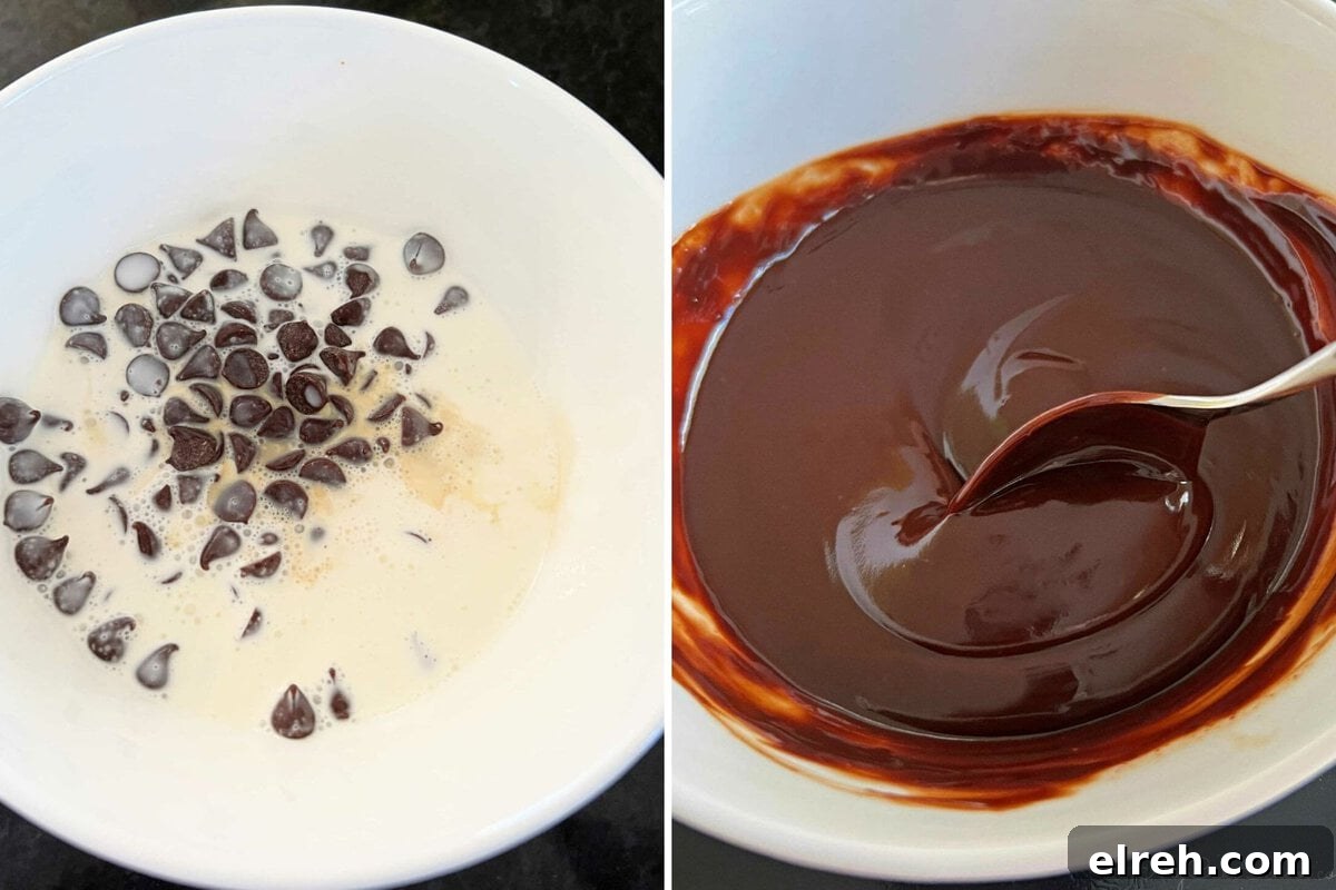 Chocolate Brownie Bundt Cake Recipe 5 photo grid of chocolate chips and cream in a bowl, and the finished ganache.