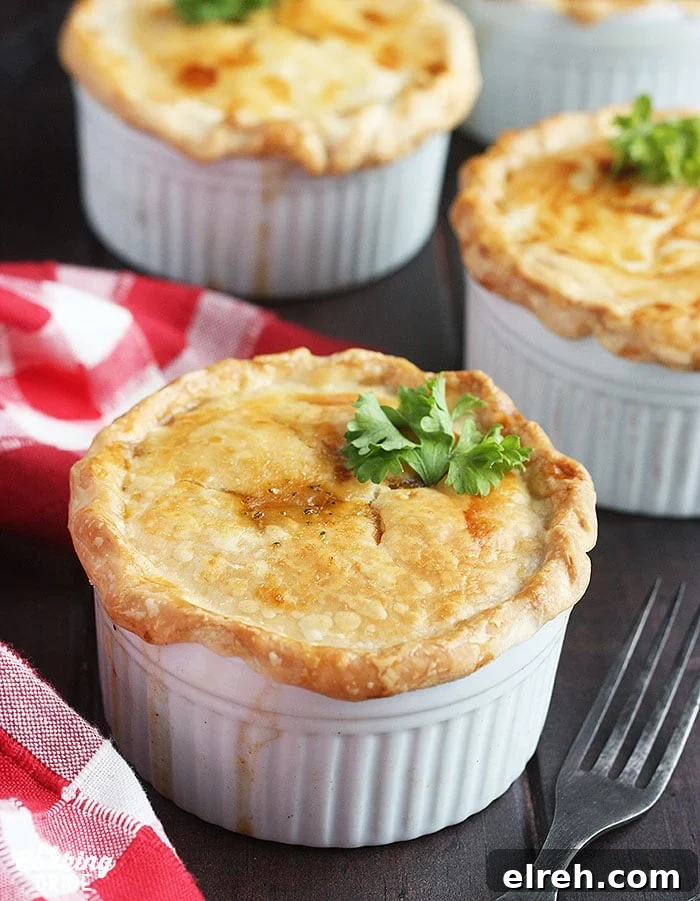 three baked crawfish pies on a wooden background with a red plaid napkin