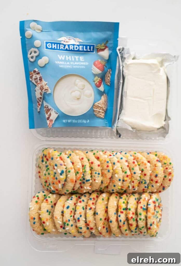 3 Ingredient Sugar Cookie Truffles 3 sugar cookies, cream cheese, and melting white chocolate on white countertop