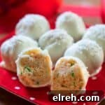white chocolate truffles on red polka dot plate