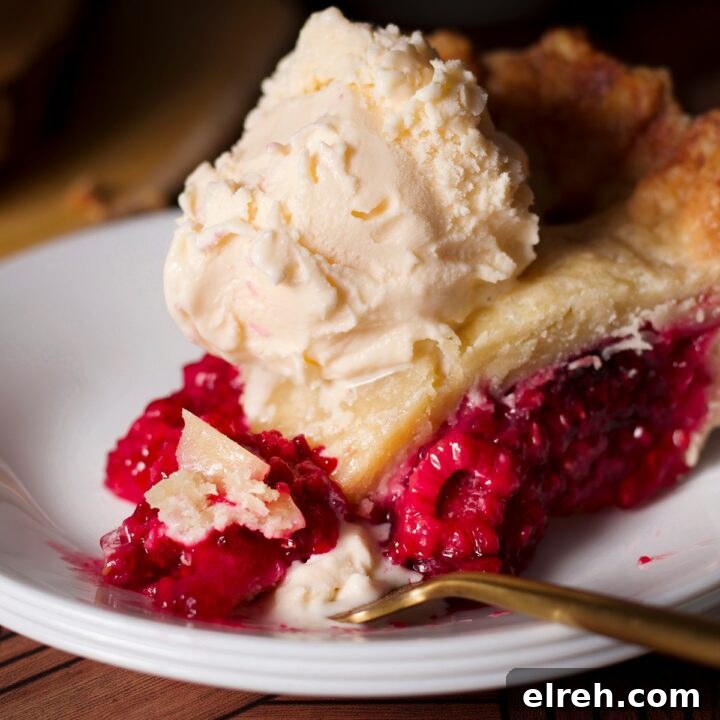 A slice of raspberry pie with a lattice crust topped with a scoop of vanilla ice cream.