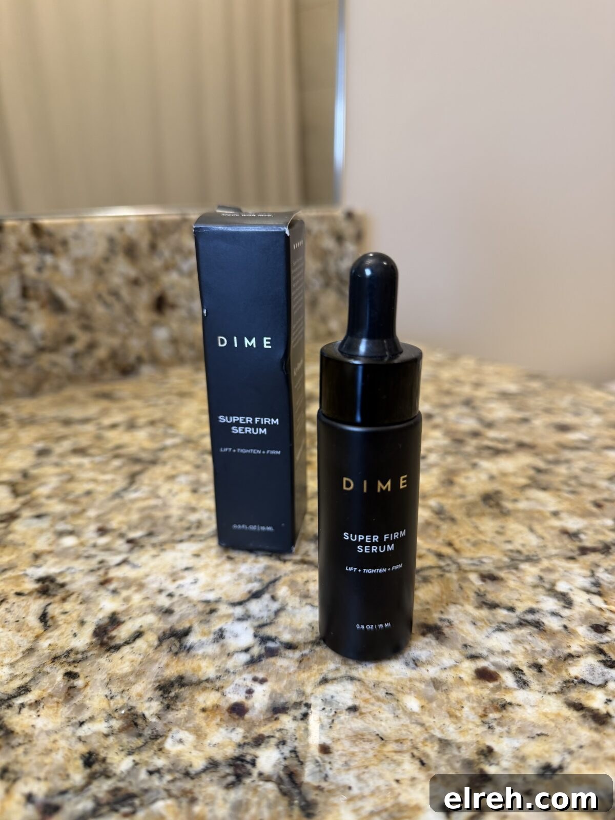 A bottle of DIME Super Firm Serum with a dropper
