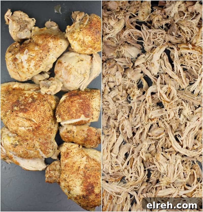 collage of 2 photos: left; cooked chicken before shredding; right, shredded chicken