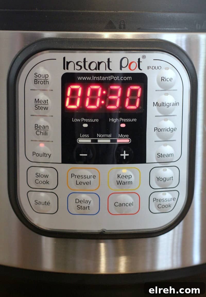 front panel of Instant Pot showing Poultry, More, and 30 minutes