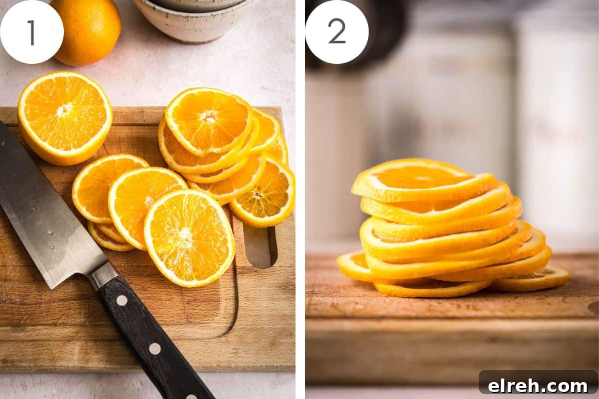 Caramelized Candied Orange Slices Recipe 5 Oranges sliced on wooden board and showing thickness of 2mm slices.