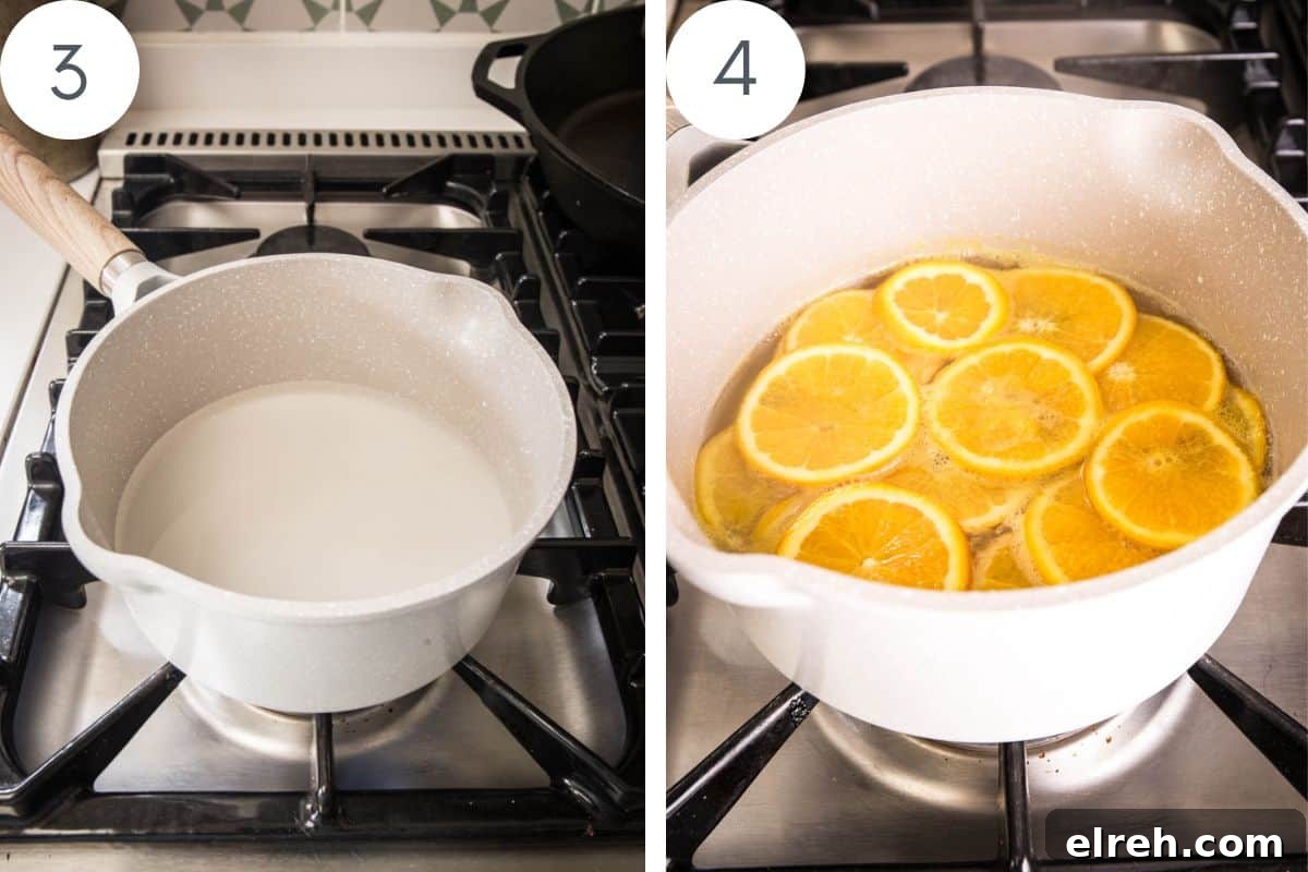 Caramelized Candied Orange Slices Recipe 6 Sugar syrup cooking in saucepan and then the syrup with the orange slices submerged.