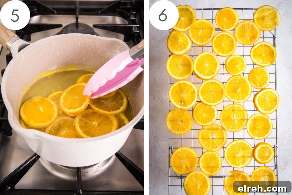 Caramelized Candied Orange Slices Recipe 7 Tongs removing orange slices from saucepan and then showing all the slices on a cooling rack.