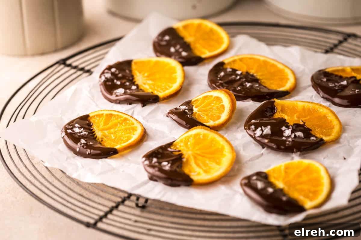 Caramelized Candied Orange Slices Recipe 9 Candied orange slices dipped in chocolate on wire rack