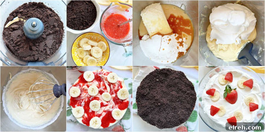 picture collage of how to make strawberry banana pudding from start to finish