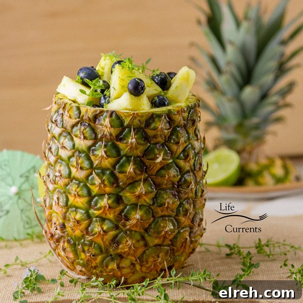 Pineapple Blueberry Fruit Salad in a Pineapple Bowl Fresh, sweet pineapple mingles with healthy blueberries all covered in a honey lime dressing.