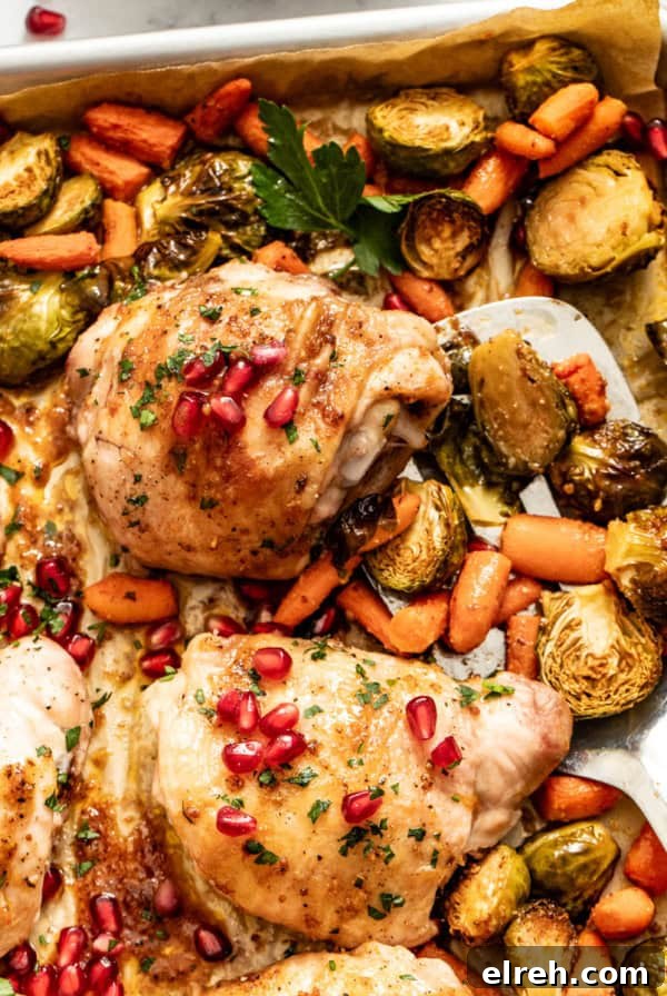 Chicken thighs on a sheet pan with brussels sprouts and carrots, with a large spoon scooping them up.