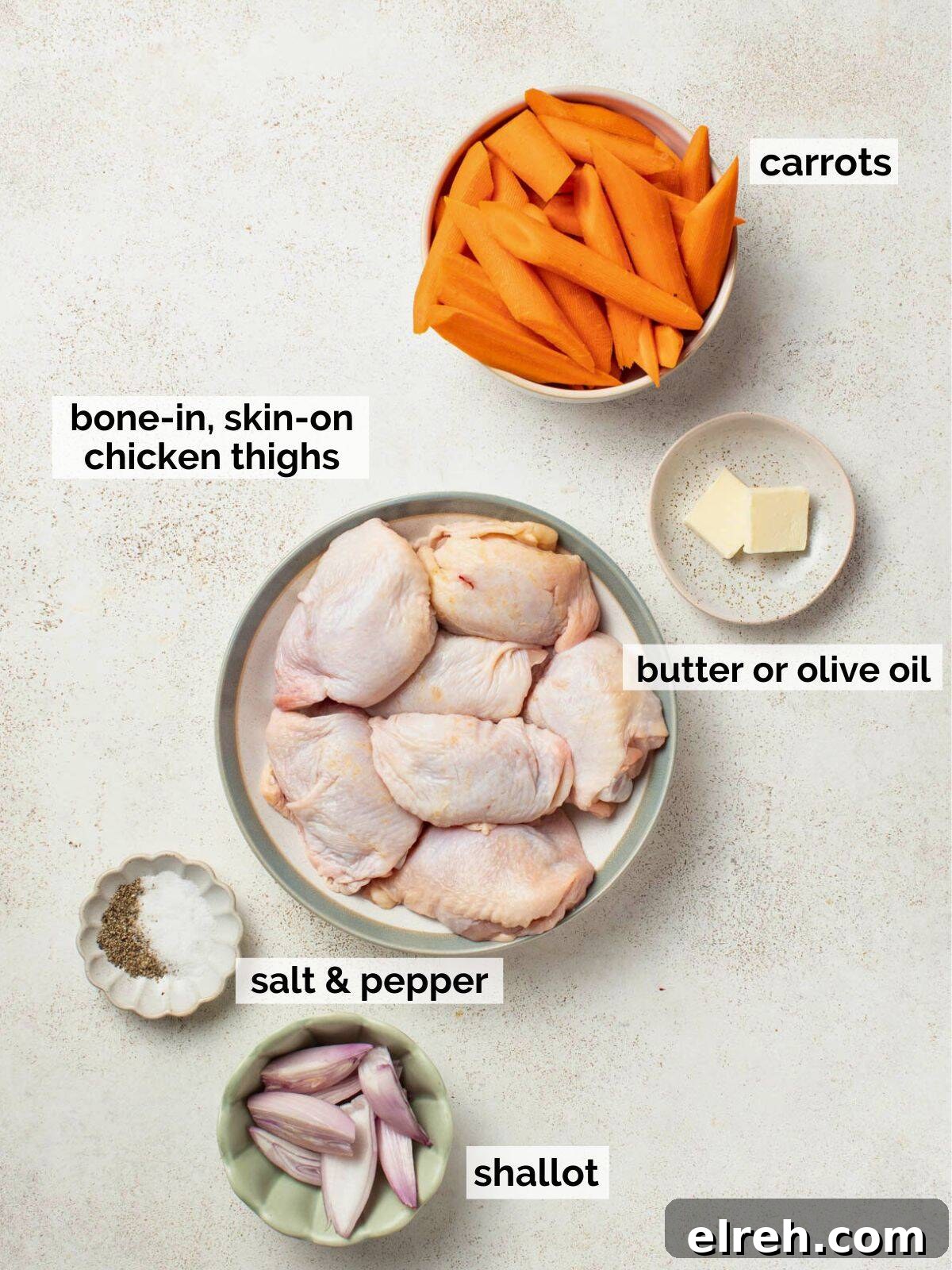 Ingredients for chicken thighs and carrots.