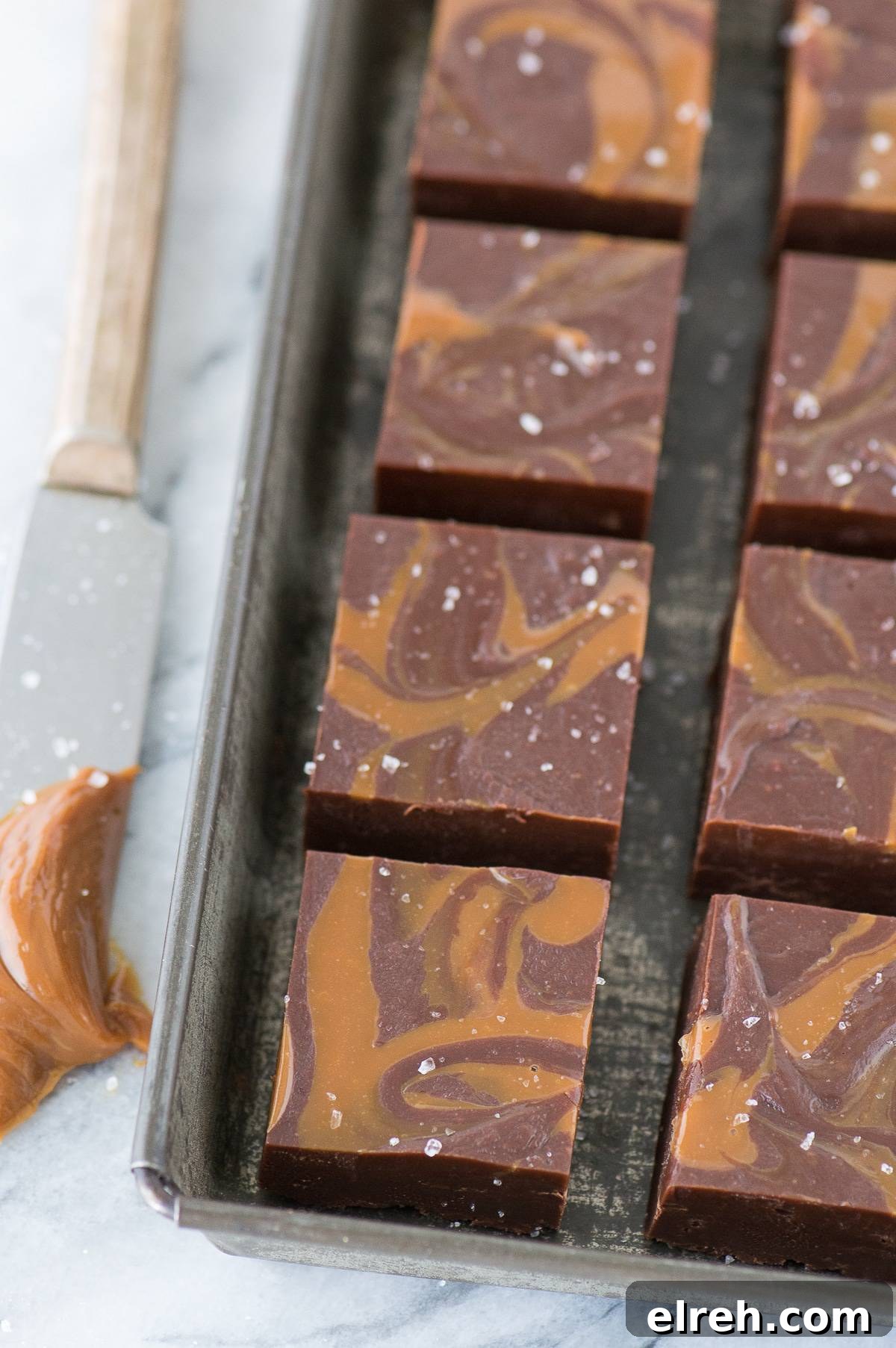 Salted caramel mocha fudge with dulce de leche swirls and a sprinkle of salt