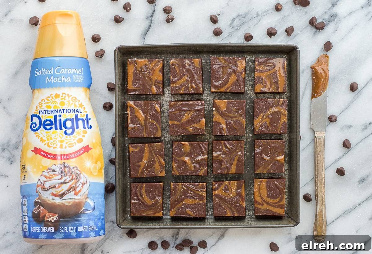 Homemade salted caramel mocha fudge with caramel swirls