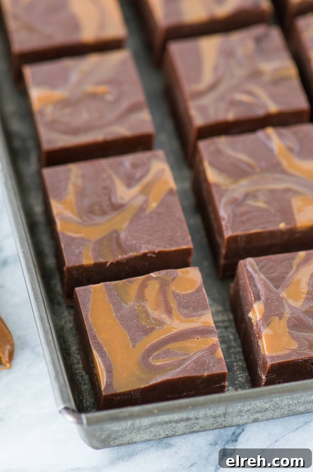 Squares of salted caramel mocha fudge ready to serve