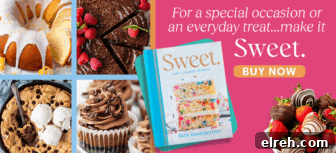 A cookbook titled Sweet by Beth Baumgartner surrounded by desserts