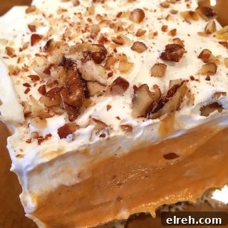 Pumpkin Layered Lush with layers of cream cheese, pumpkin filling, whipped cream and a pecan crumb crust.