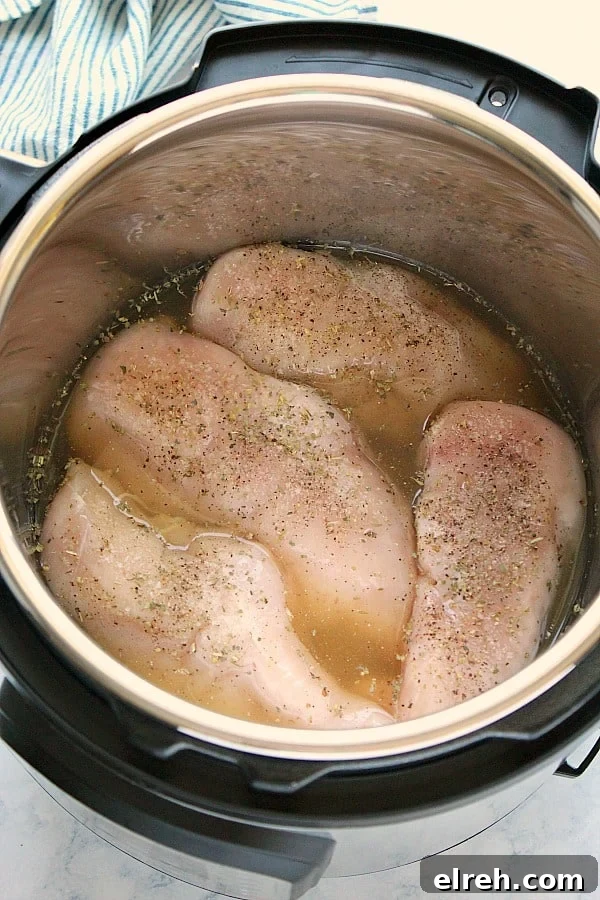 Instant Pot Shredded Chicken - easy way to cook fresh or frozen chicken breast into a juicy, flavorful shredded meat. Overhead shot of 4 chicken breasts in stock in Instant Pot.