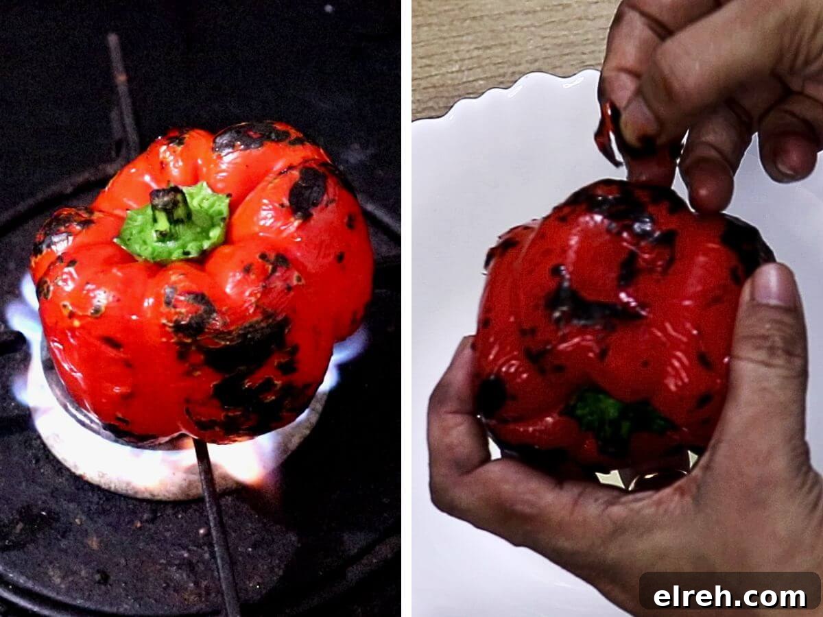 Authentic Homemade Harissa Sauce Recipe 4 Roasting red peppers and removing their charred skin.