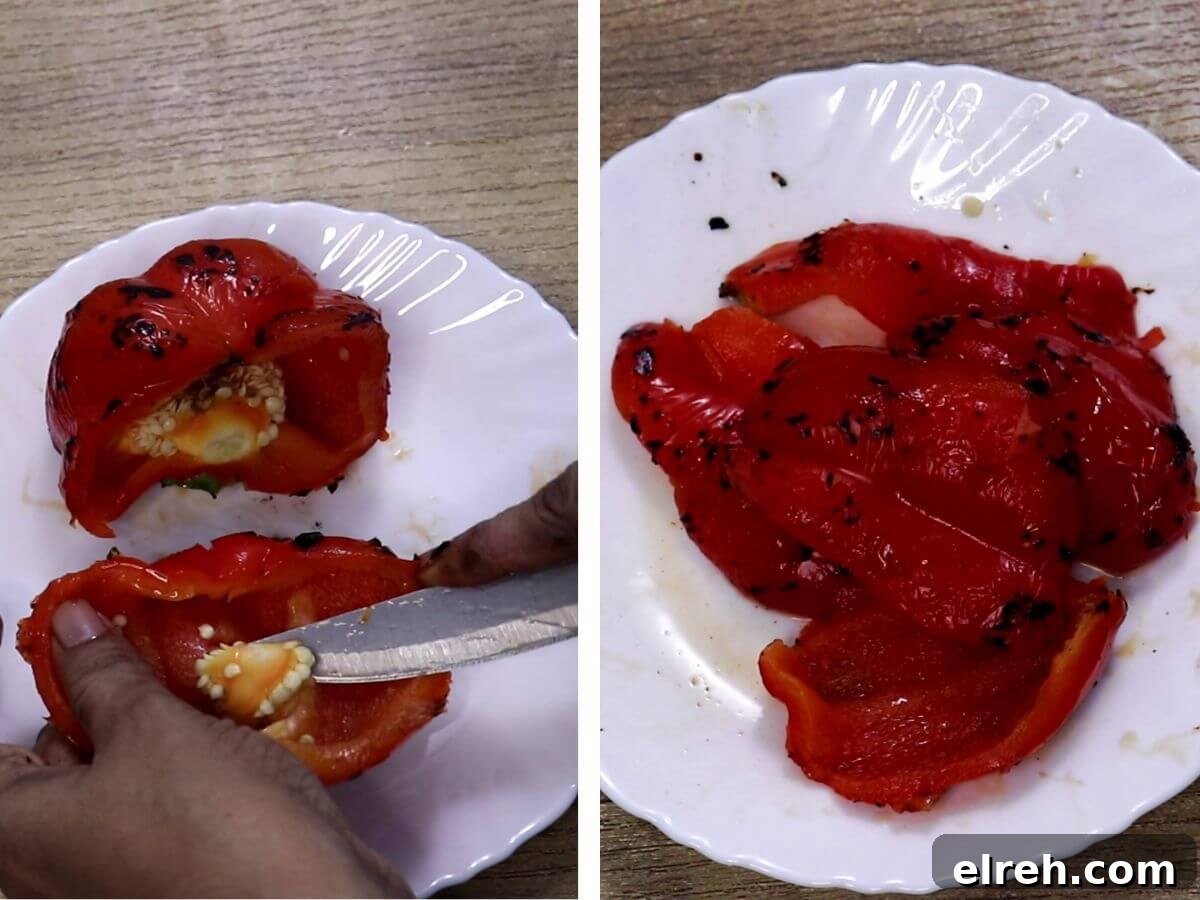 Authentic Homemade Harissa Sauce Recipe 5 Removing stem and seeds from roasted bell pepper.