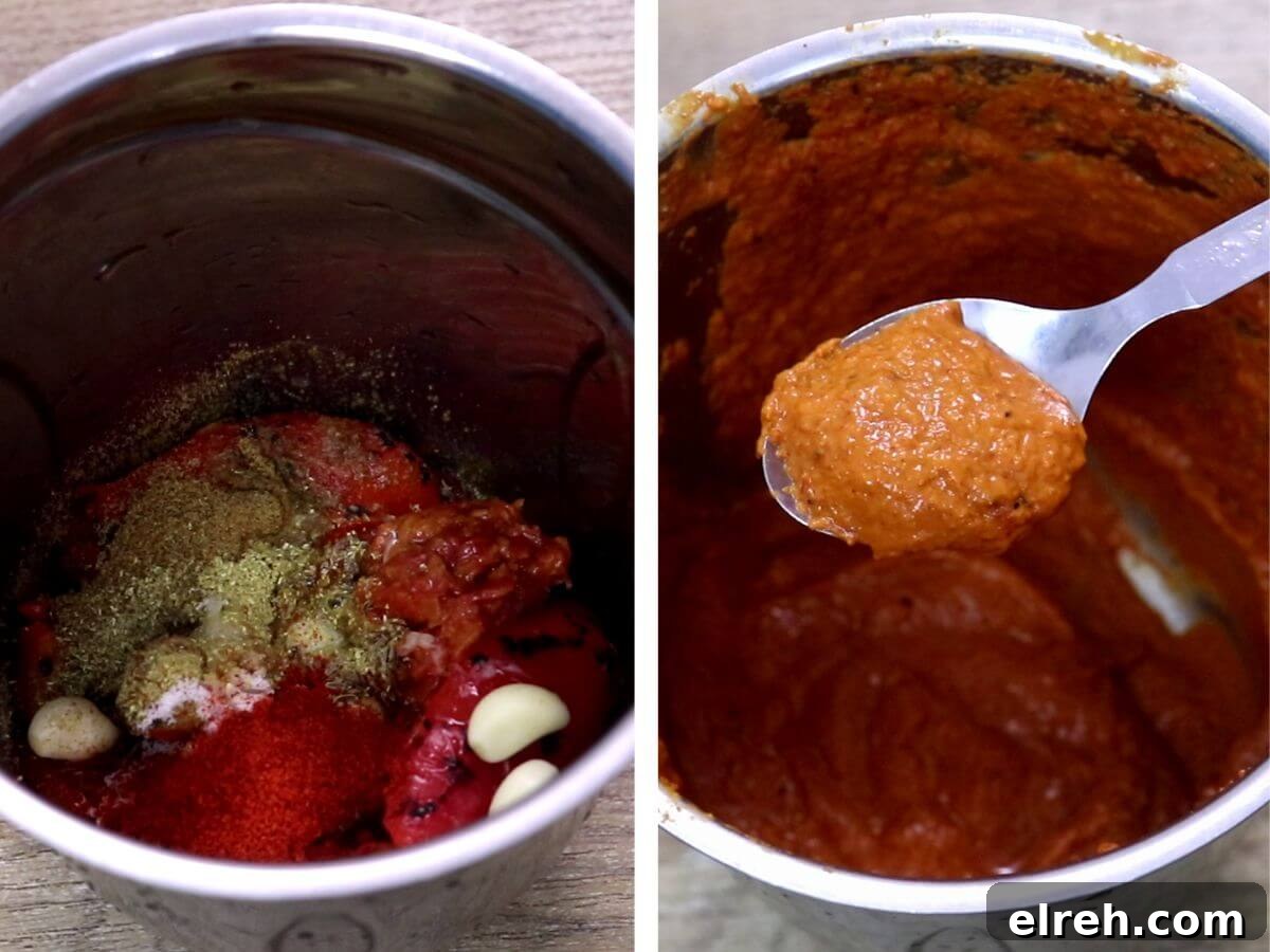 Authentic Homemade Harissa Sauce Recipe 6 Ingredients added to a blender and finished harissa paste on a spoon.