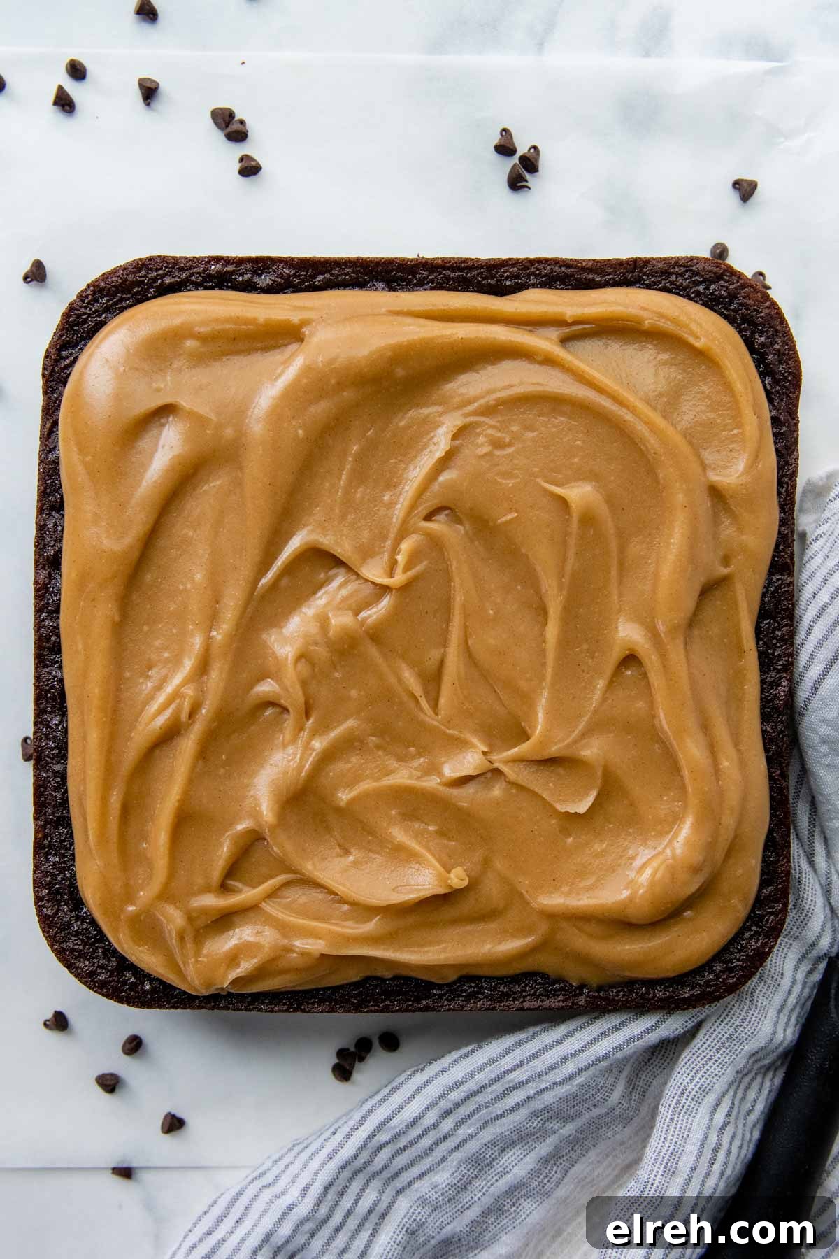 overhead shot of chocolate sheet cake with peanut butter icing on top.
