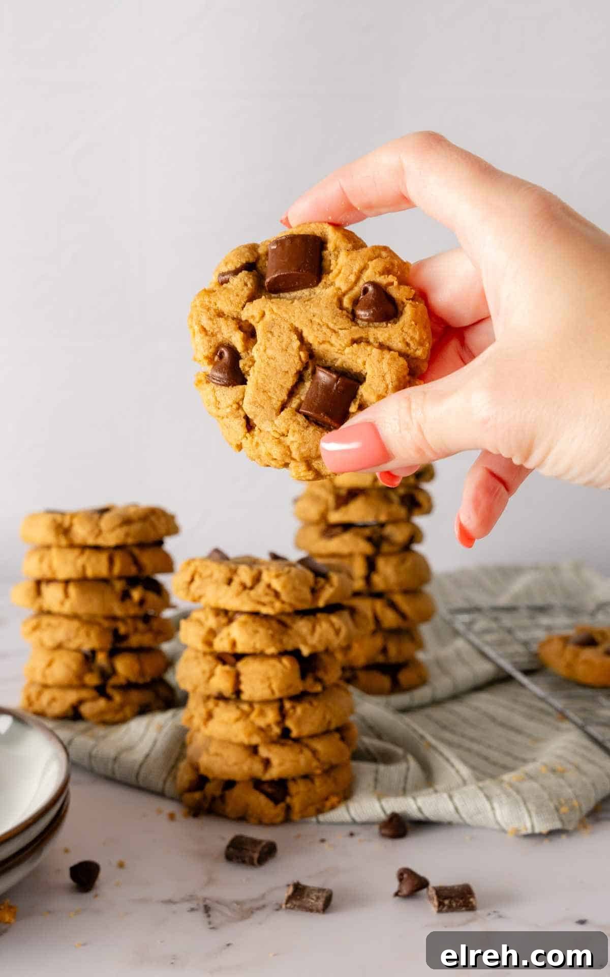 Chewy Peanut Butter Chocolate Chip Cookies Recipe 7 A hand holding up a chocolate chip peanut butter cookie made with chocolate chips and chunks.