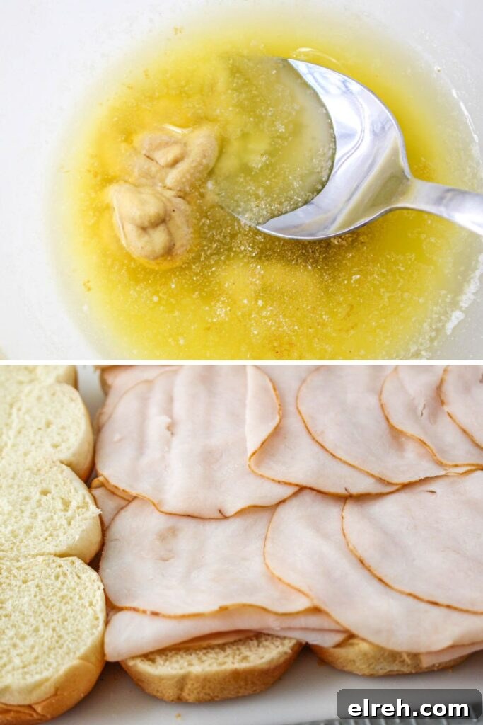 mustad and butter in a mixing bowl on table, and slider buns topped with lunch meat