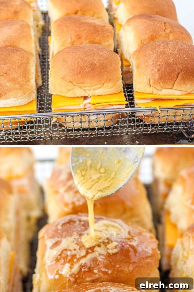 collage of sliders on a baking tray, and second image is butter pouring over the top