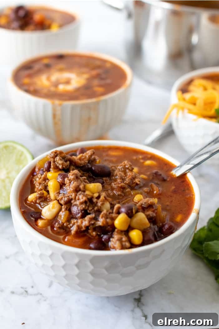 taco soup in a white bowl.
