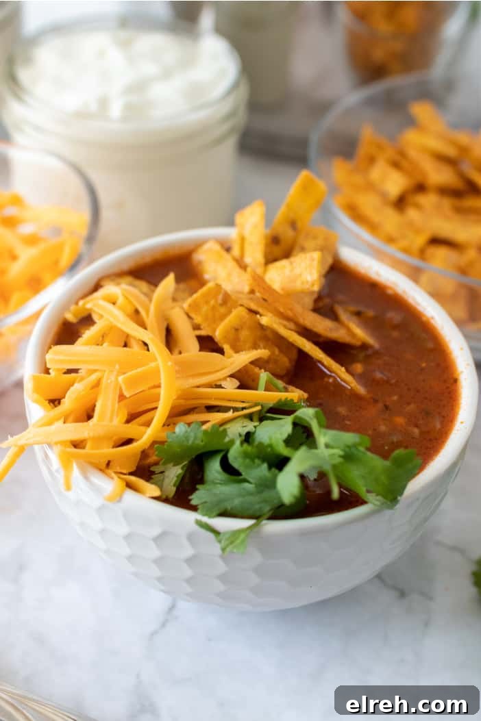 Taco Soup with shredded cheese and chips.