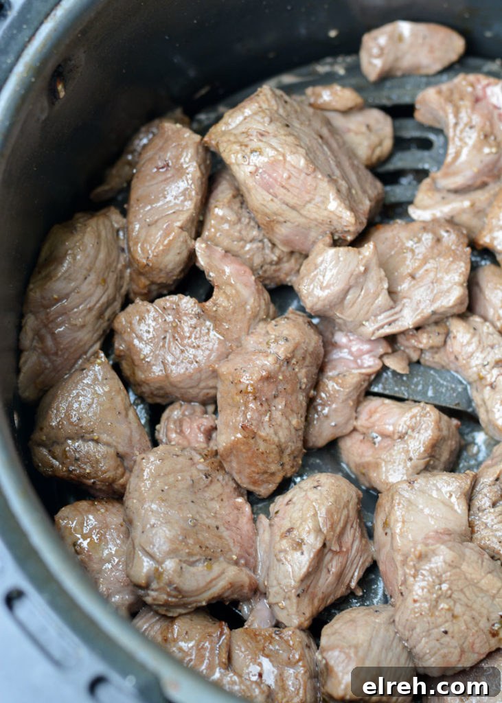 Air fryer steak tips cooked until browned and tender