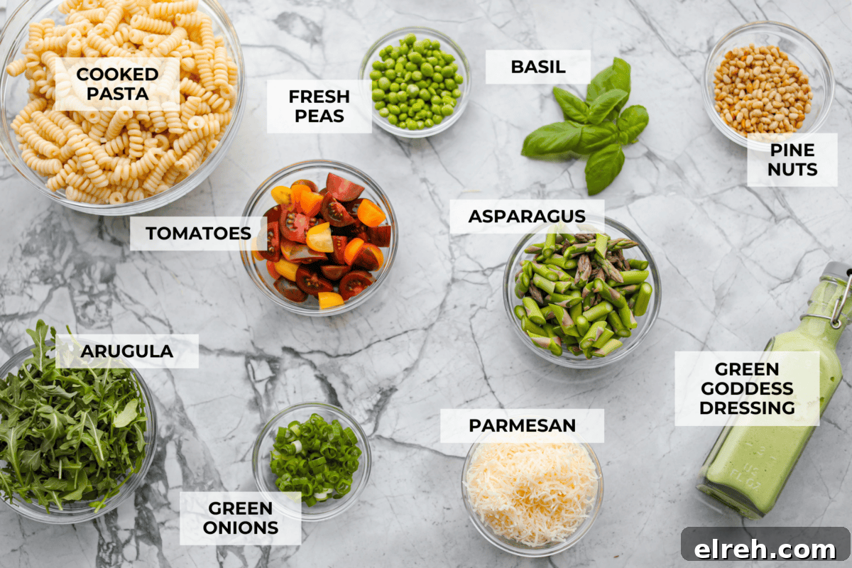 Creamy Green Goddess Pasta Salad with Avocado and Herbs 3 Overhead shot of labeled ingredients.