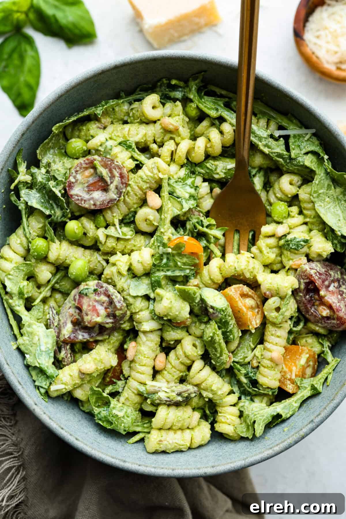 Creamy Green Goddess Pasta Salad with Avocado and Herbs 6 Overhead shot of a bowl of green goddess pasta salad.