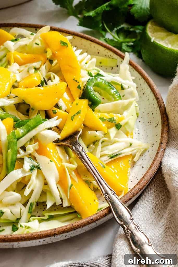 Easy Mango Cabbage Coleslaw with fork 