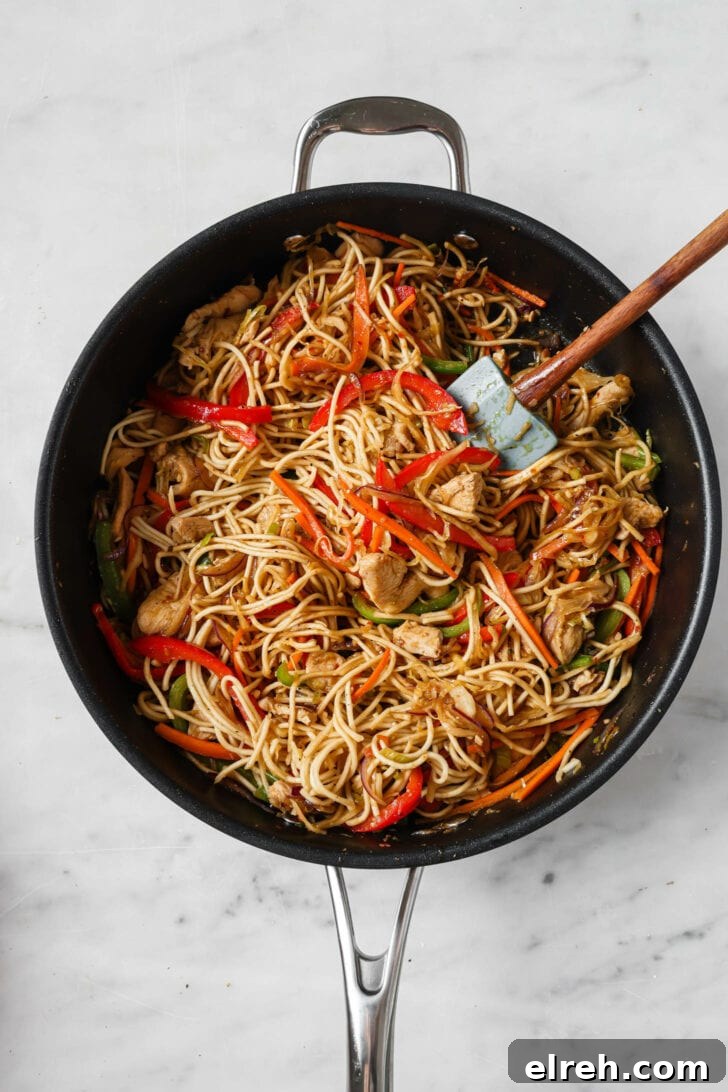 Noodles, sauce and stock added to skillet to make Hakka Noodles.
