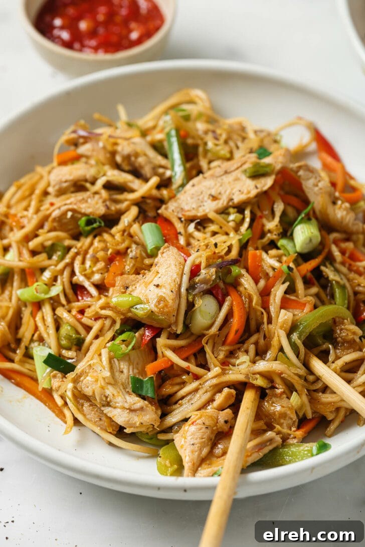 A bowl of Hakka Noodles garnished with green onions with chopsticks.