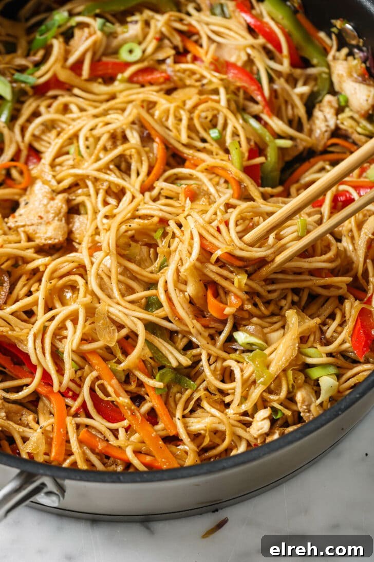 Closeup of a skillet of Hakka Noodles with a pair of chopsticks.