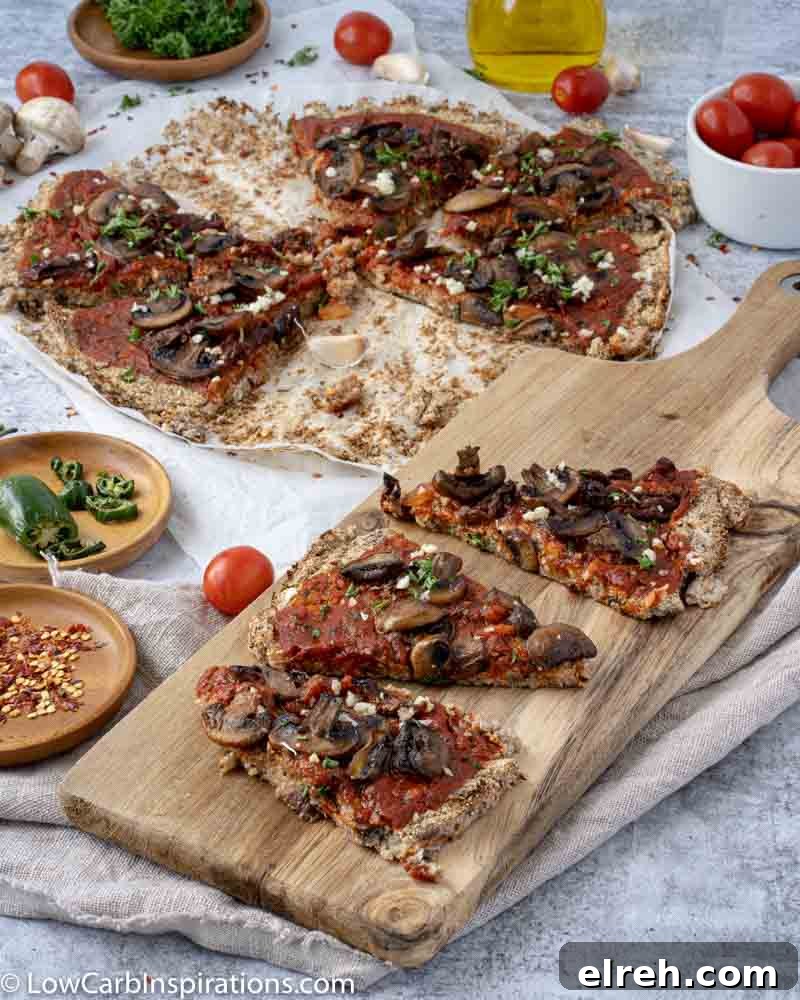 How to Make Mushroom Pizza with Cauliflower Crust 2 close up of Mushroom Pizza Recipe with Cauliflower Crust on a wood serving board with sliced pizza in the background