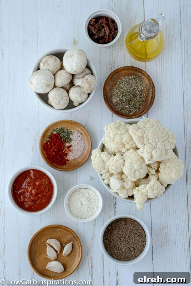 How to Make Mushroom Pizza with Cauliflower Crust 5 Mushroom Pizza Recipe with Cauliflower Crust ingredients on a white table