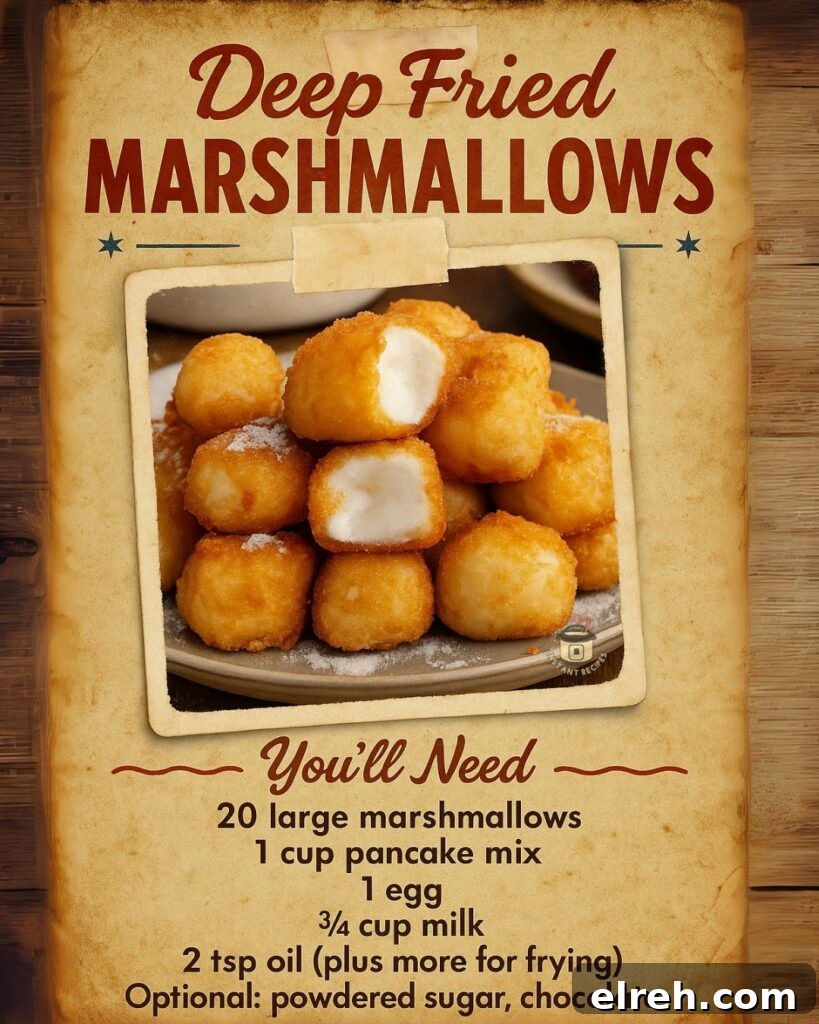 Golden deep fried marshmallows stacked on parchment paper, drizzled with chocolate syrup