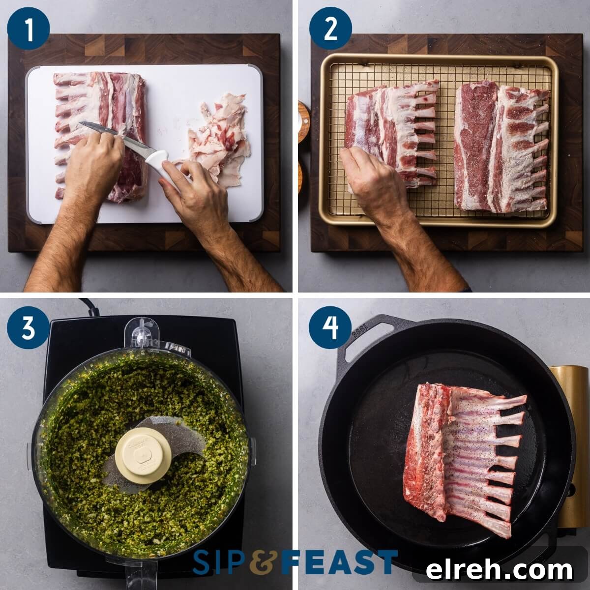 Herb crusted rack of lamb recipe process collage group one showing trimming fat, seasoning the racks, making the herb mixture, and searing the racks in a cast iron skillet.