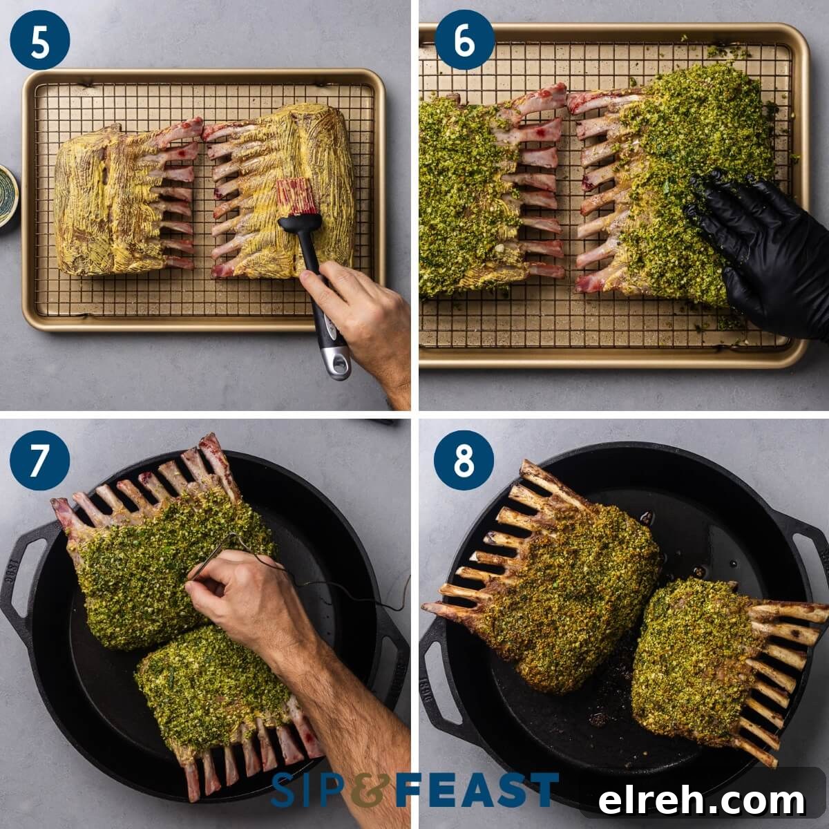 Recipe collage two showing brusing of dijon on the racks, pressing the herb mixture onto the racks, inserting an oven safe thermometer, and the finished dish.