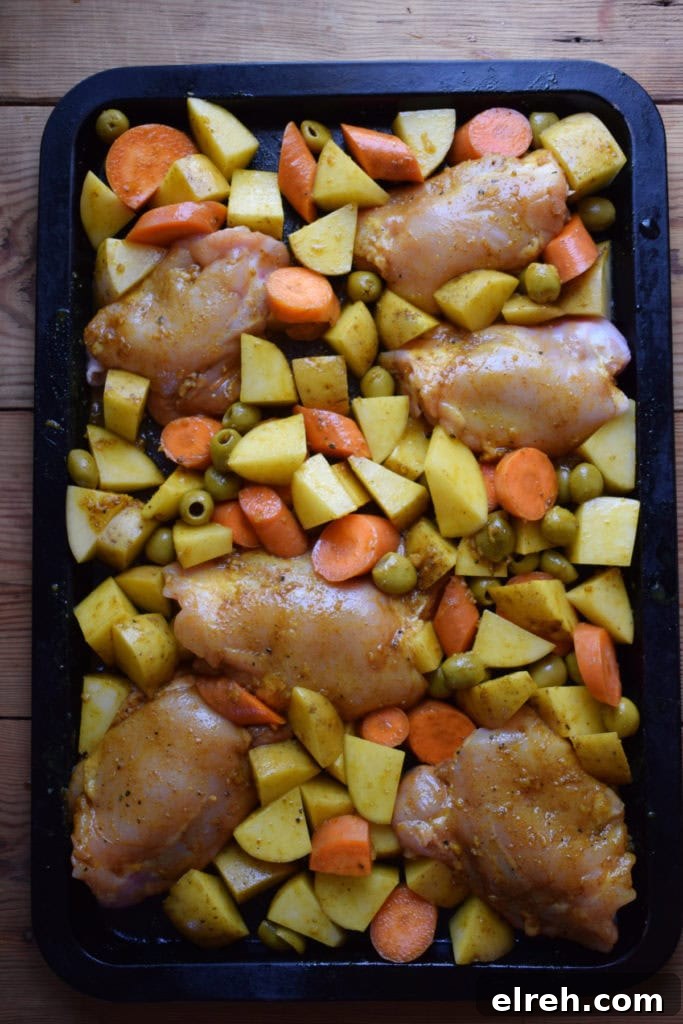 Sheet Pan Moroccan Chicken Dinner with Warm Spices 9 Sheet pan chicken dinner ready to bake.