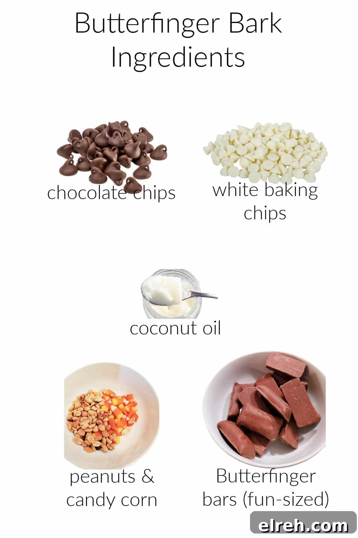 A collage of ingredients needed to make Butterfinger bark: milk chocolate chips, white chocolate chips, coconut oil, peanuts, candy corn, and chopped Butterfingers.