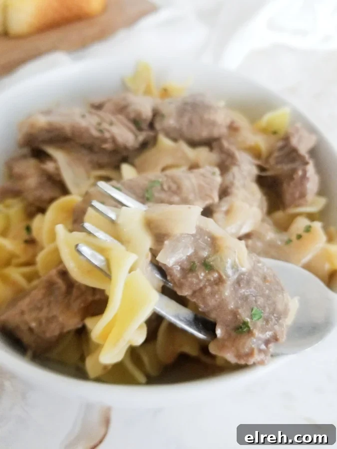 Mom's Creamy Beef Stroganoff with Sliced Steak 10 Mom's Beef Stroganoff on fork