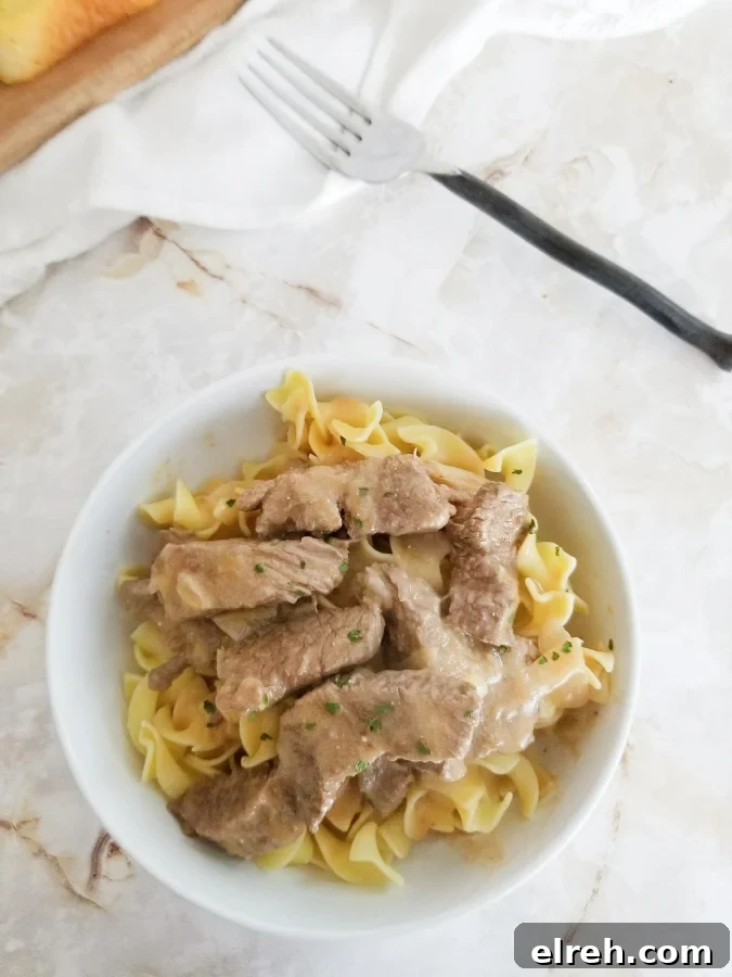 Mom's Creamy Beef Stroganoff with Sliced Steak 9 Mom's Beef Stroganoff in white bowl ariel shot with fork above