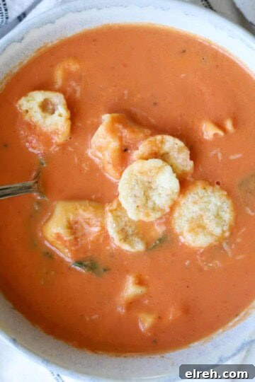 creamy tortellini soup in gray bowl with vintage spoon